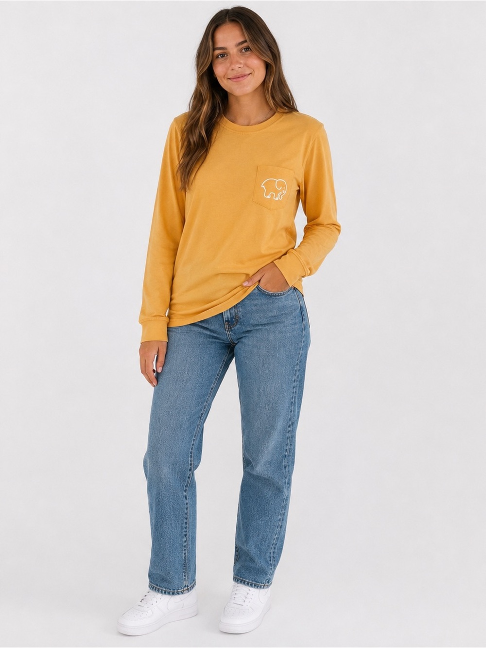 Ivory Ella Elephant Graphic Mustard Yellow Long Sleeve Pocket Tee S